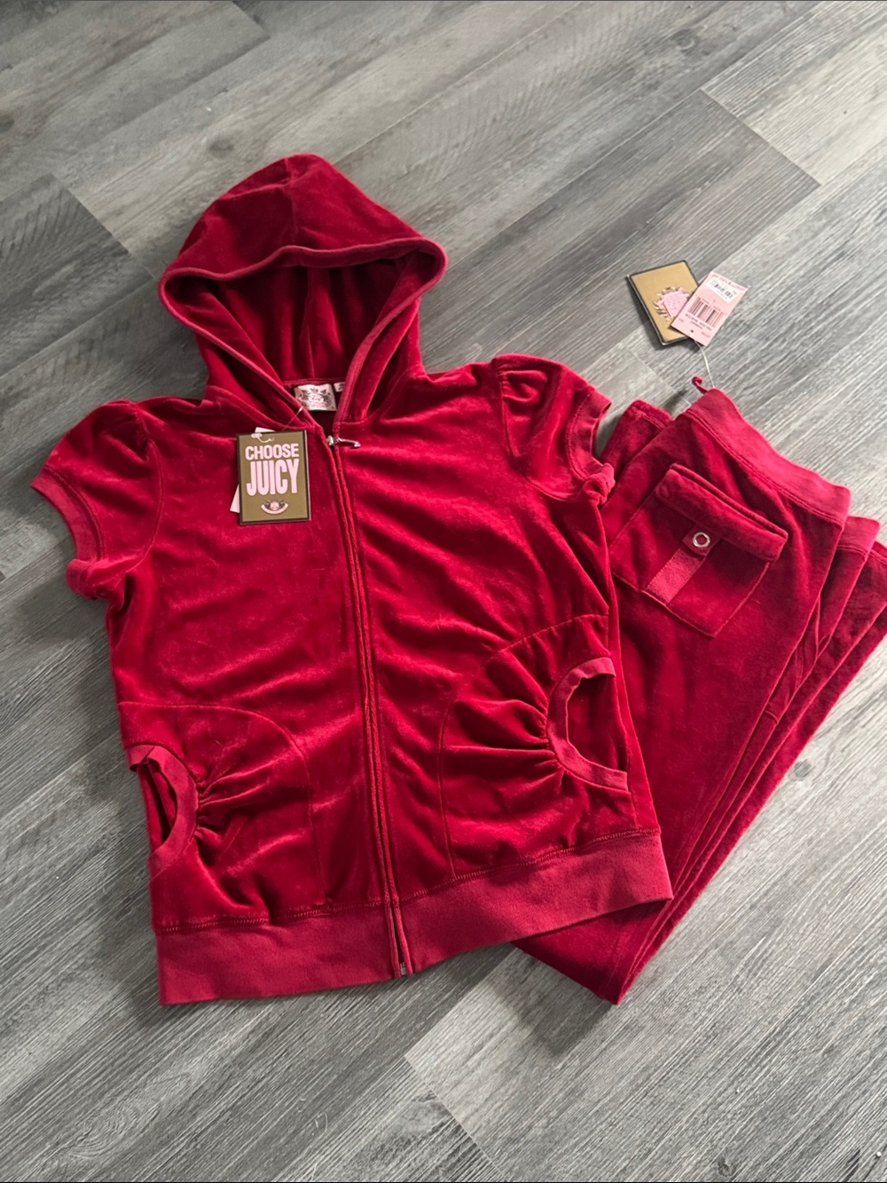 Juicy Couture -Cherry Red Velour Short-Sleeve Hoodie & Wide-Leg Pants Set -NWT!